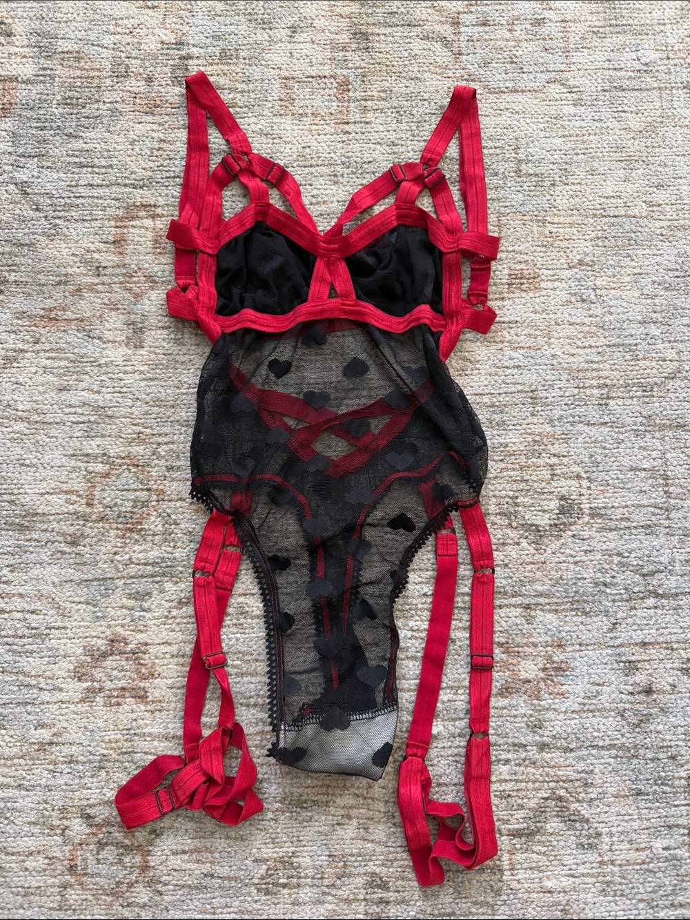 Solstice Intimates Red and Black heart Lace Bodysuit with Garter Straps